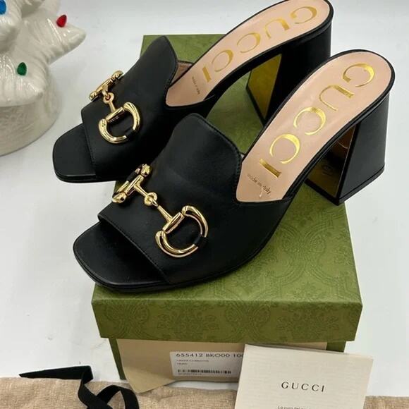 Women's Gucci horsebit leather mid heel slide sandals size 38.5 made in Italy - Picture 3 of 9